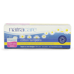 Natracare organic cotton tampons on display highlighting biodegradable, fragrance-free design.