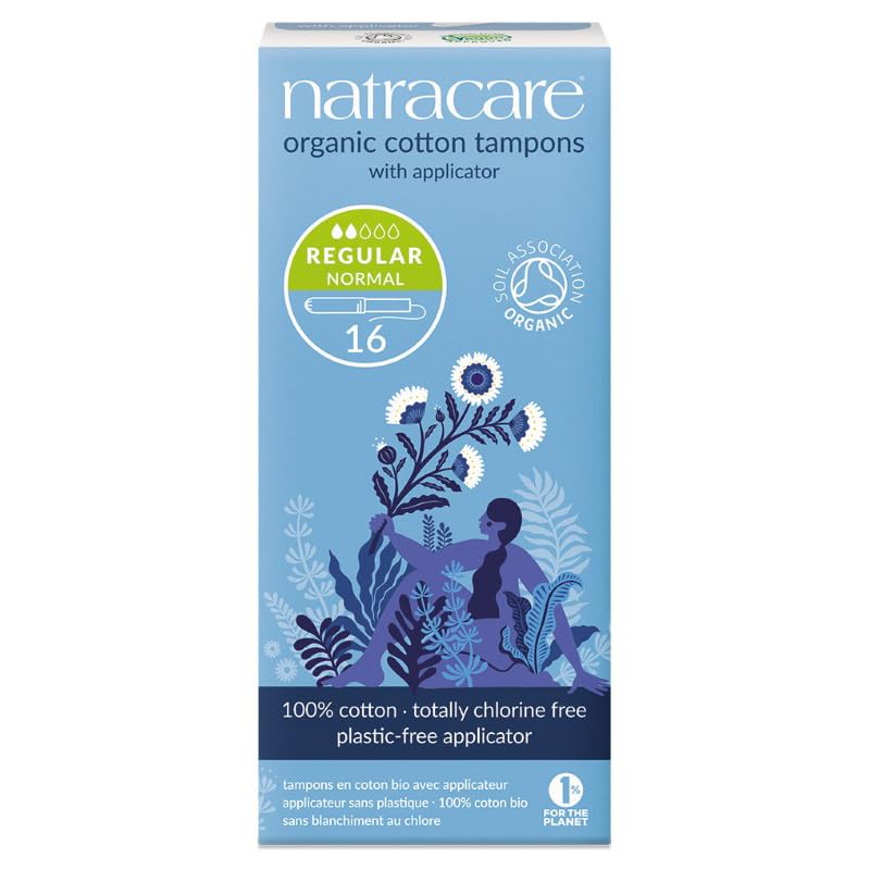 NATRACARE organic regular tampons with applicator in three-pack packaging, eco-friendly use.