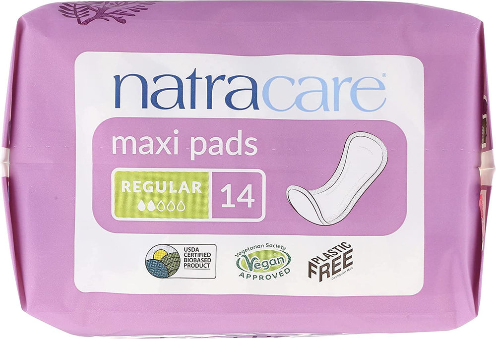Natracare Maxi Regular on-shelf display shows six-pack option.