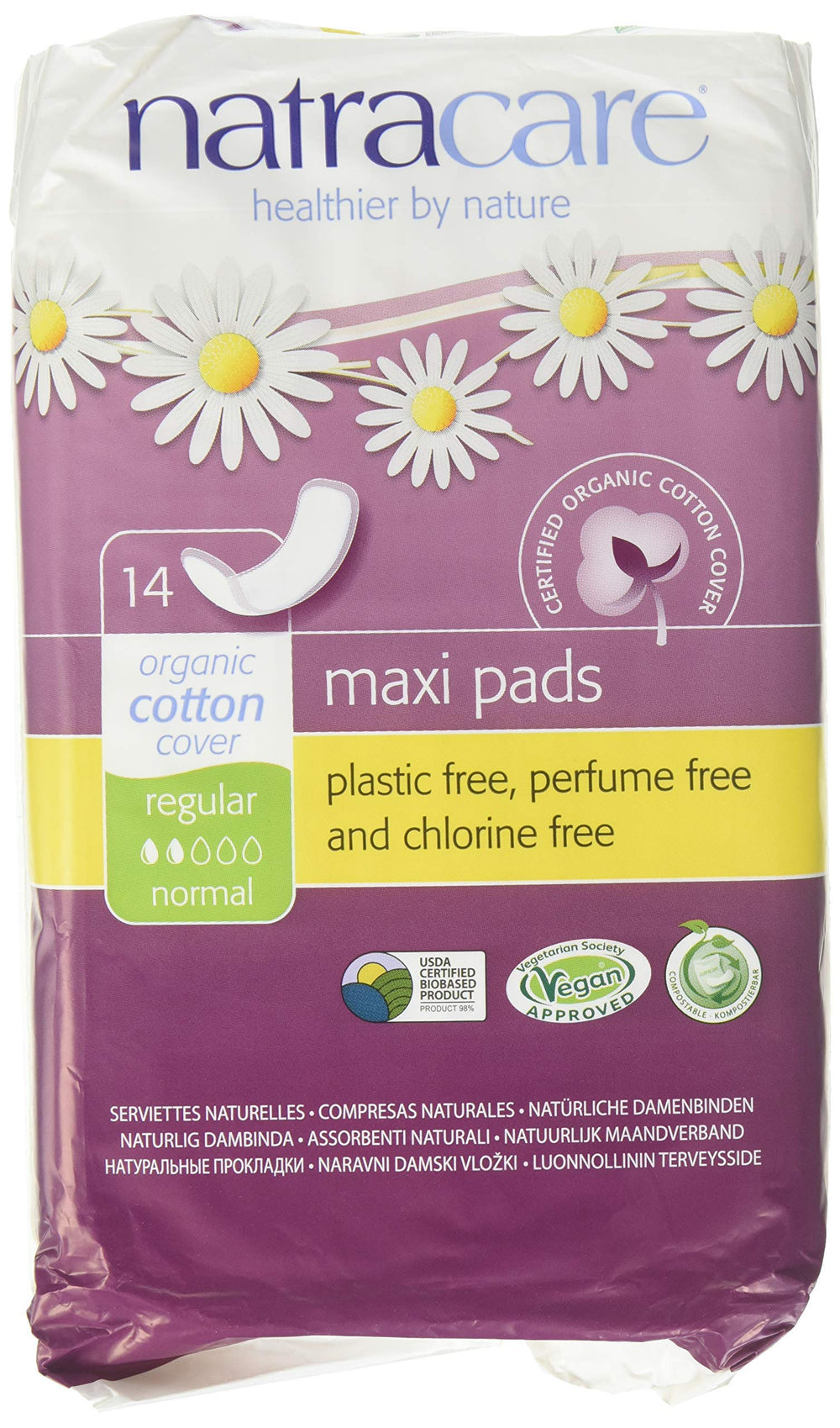 Natracare regular pads pack image showing chlorine-free daily protection
