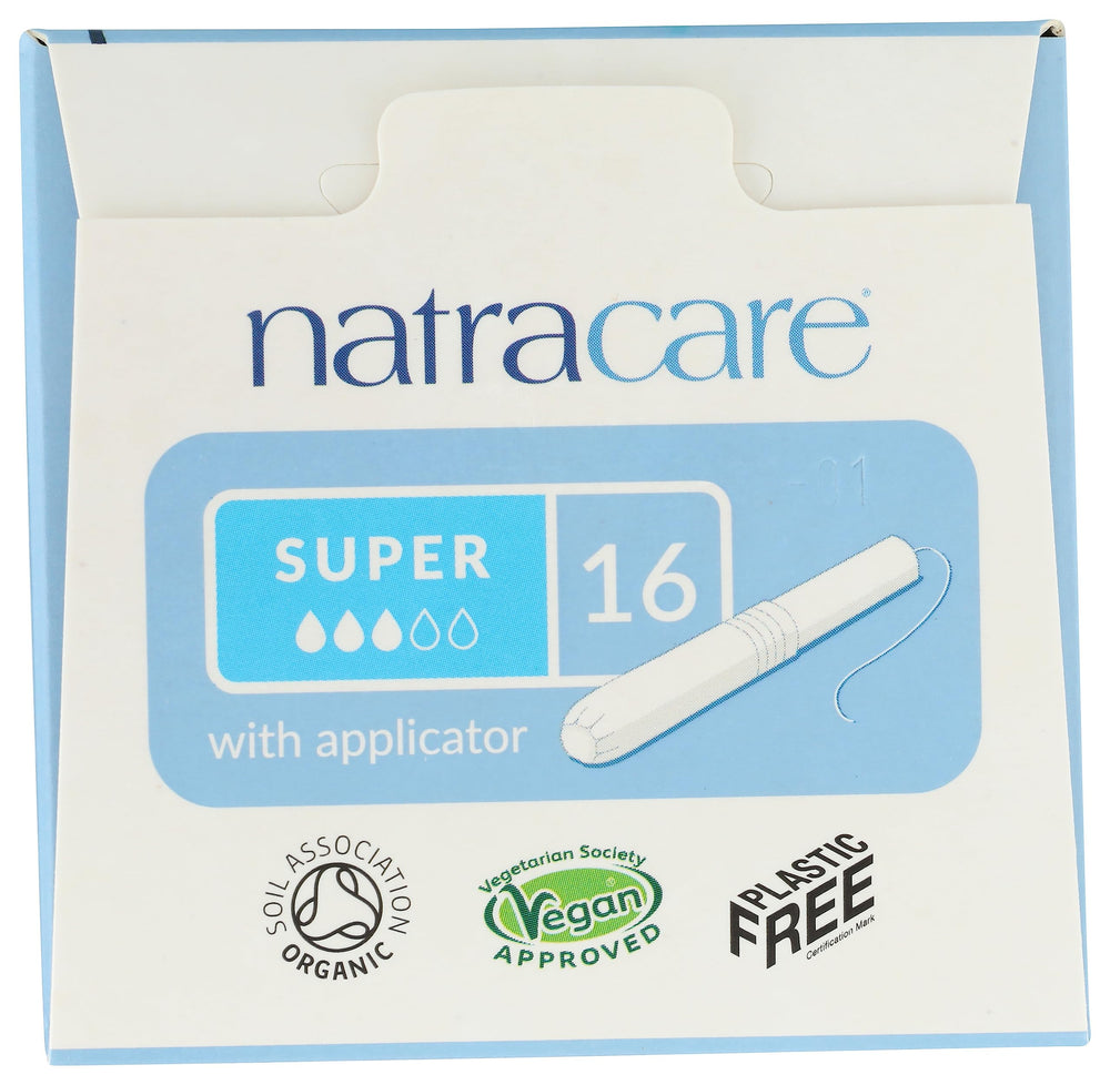 Natracare plastic-free packaging highlights eco-friendly tampons for responsible disposal.