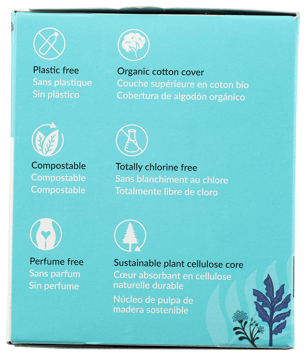 Natracare plastic-free pad with wings on eco-friendly packaging.