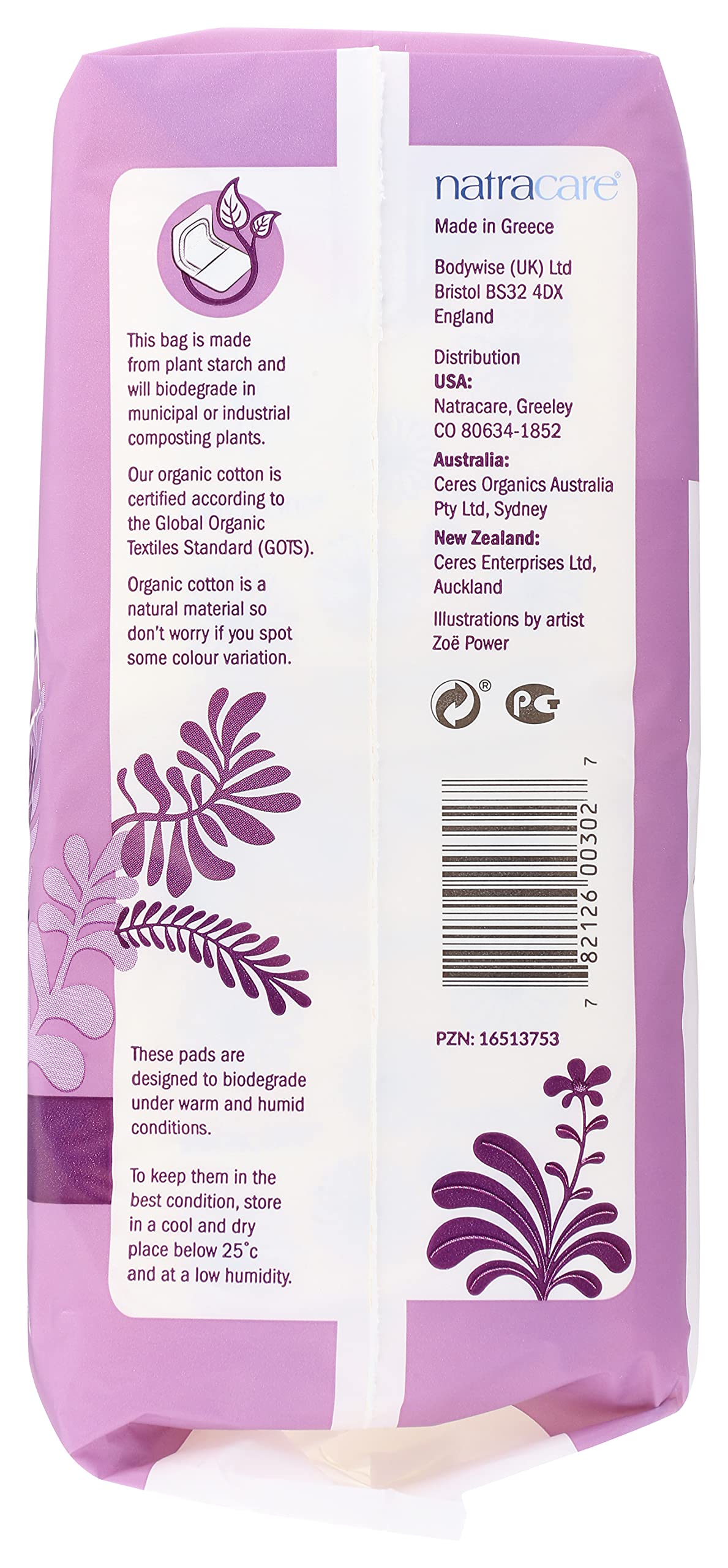 Natracare vegan materials emphasize plant-based ingredients and gentle use.