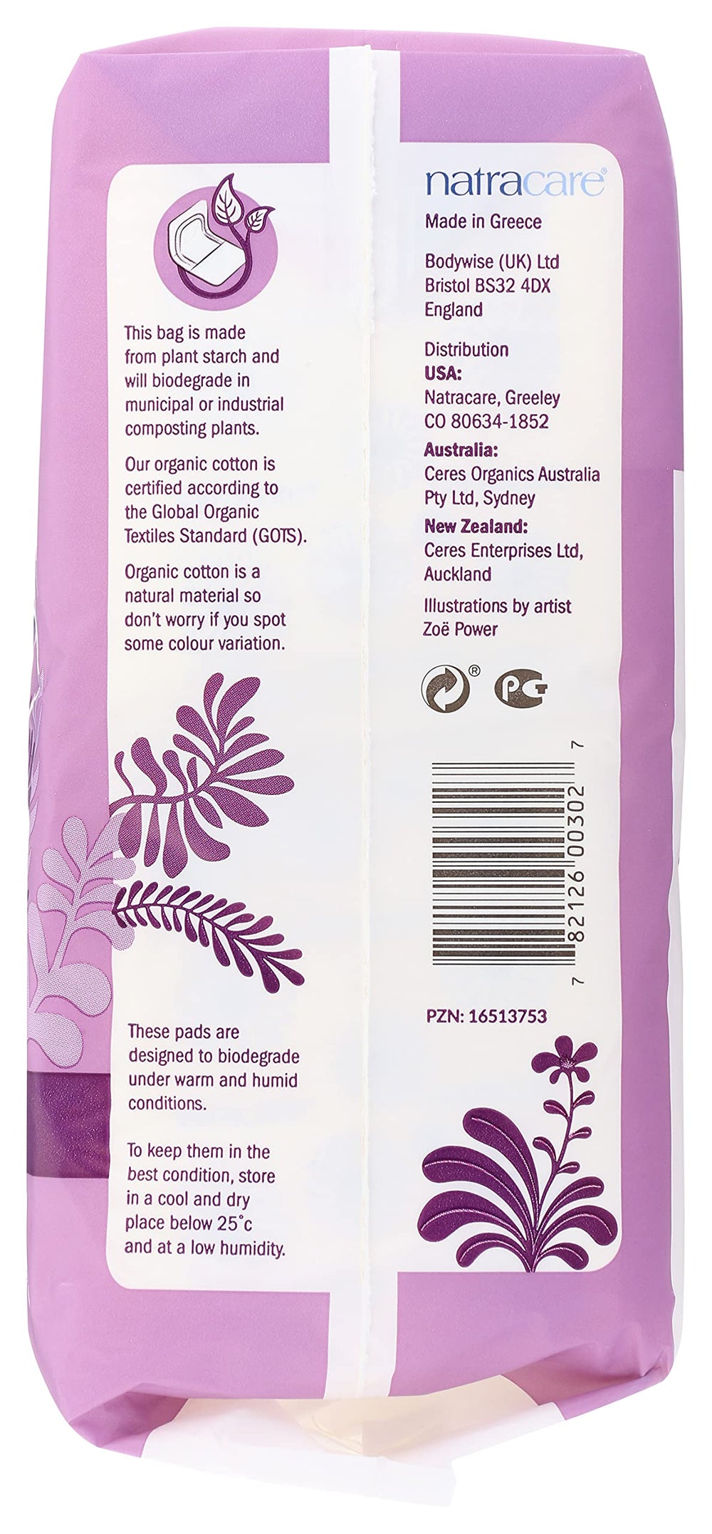 Natracare vegan materials emphasize plant-based ingredients and gentle use.