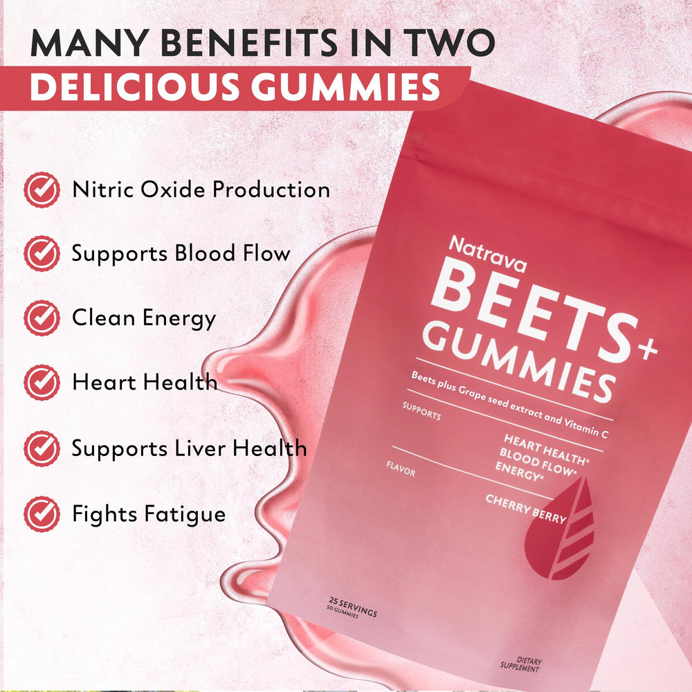Natrava Beets+ Gummies closeup reveals chewy texture and grape flavor.