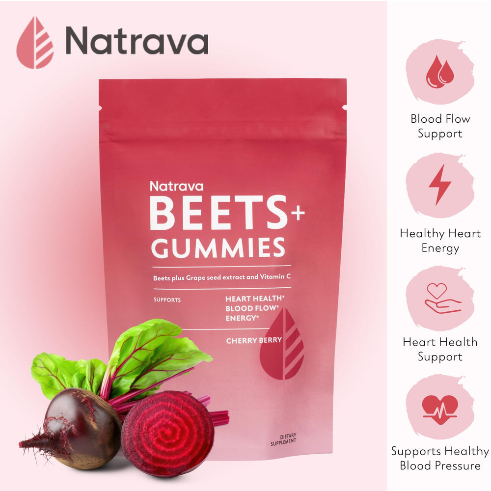 Natrava Beets+ Gummies label detail highlighting beet, grape seed and vitamin C blend.