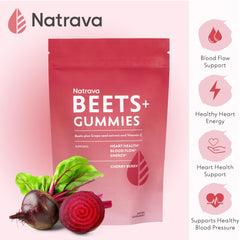 Natrava Beets+ Gummies label detail highlighting beet, grape seed and vitamin C blend.