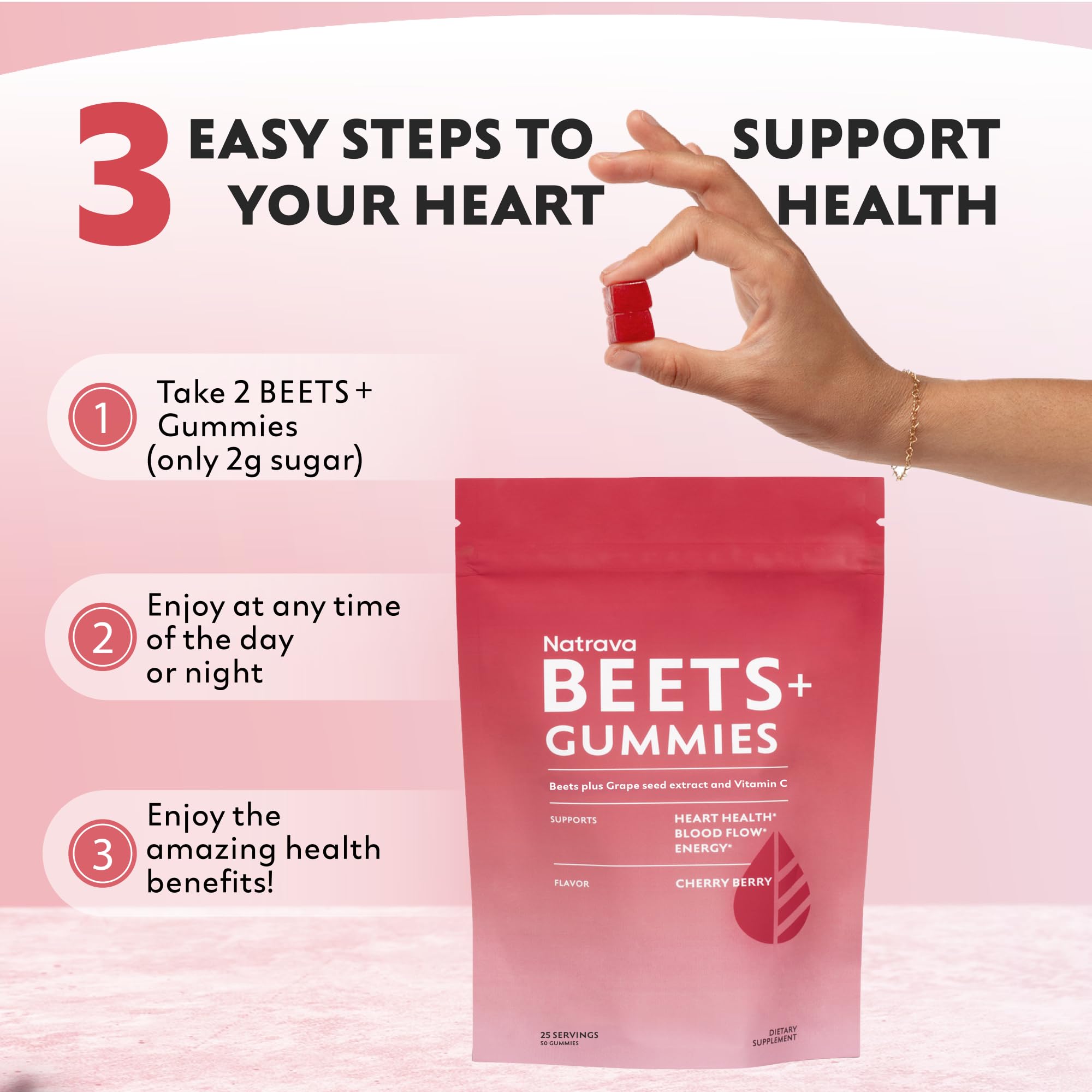 Natrava Beets+ Gummies serving with glass ready for daily routines.