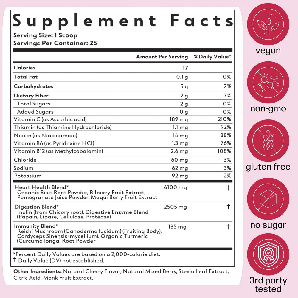 Natrava Beets+ powder ingredients panel emphasizes prebiotics and vitamins