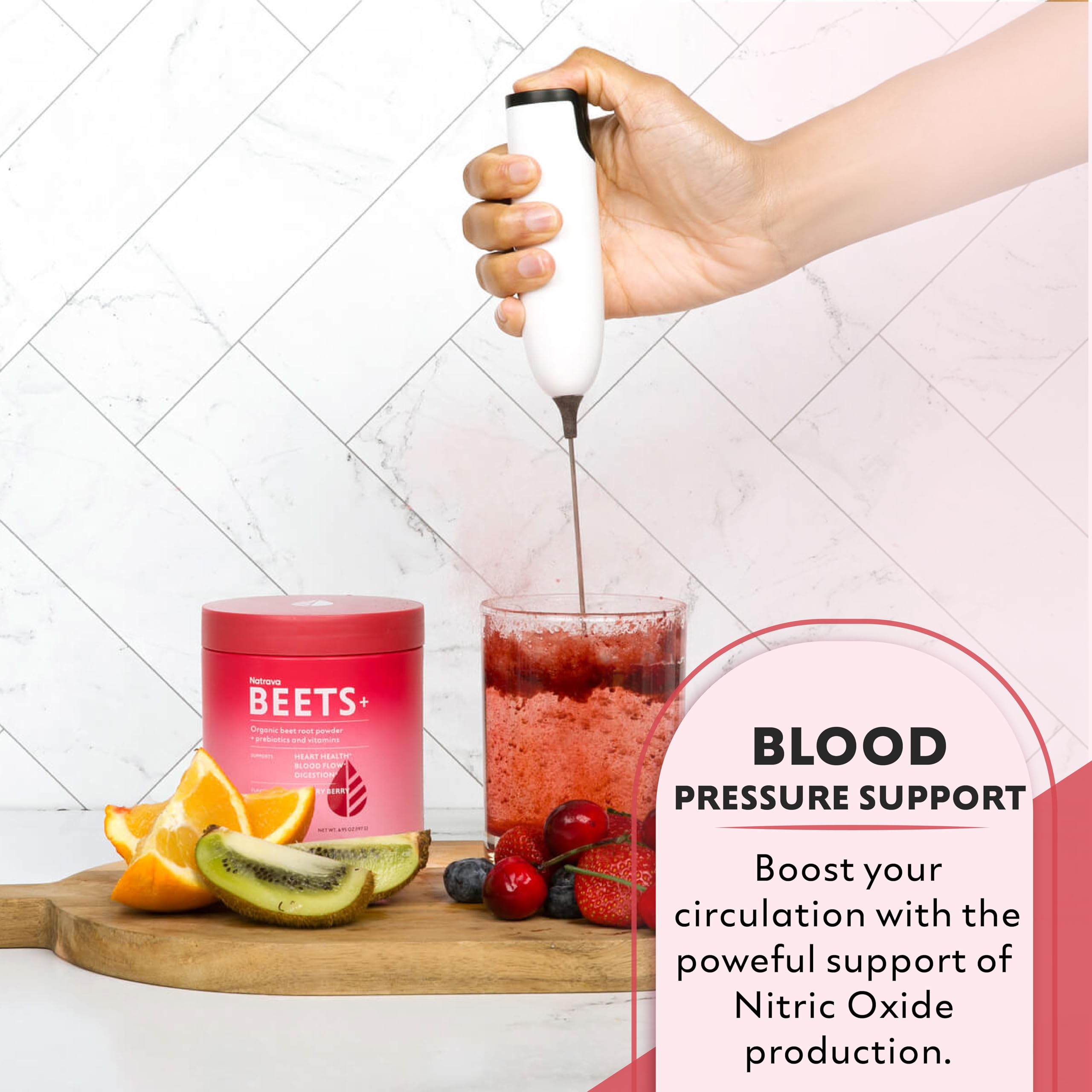 Natrava Beets+ powder jar on kitchen shelf for everyday wellness