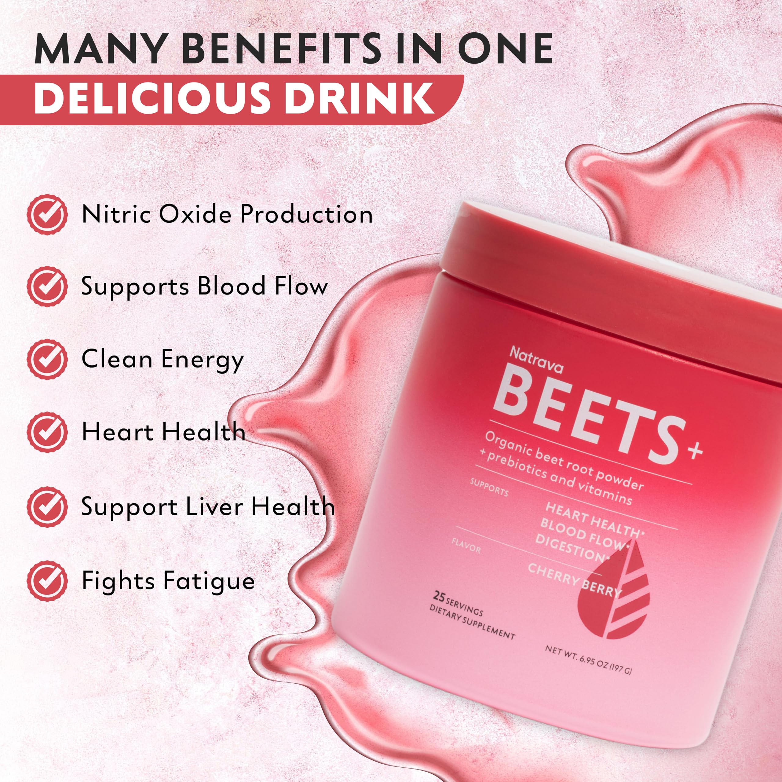 Natrava Beets+ powder in shake glass ready for energy support