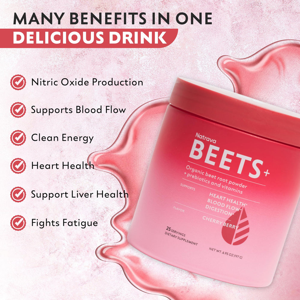 Natrava Beets+ powder in shake glass ready for energy support