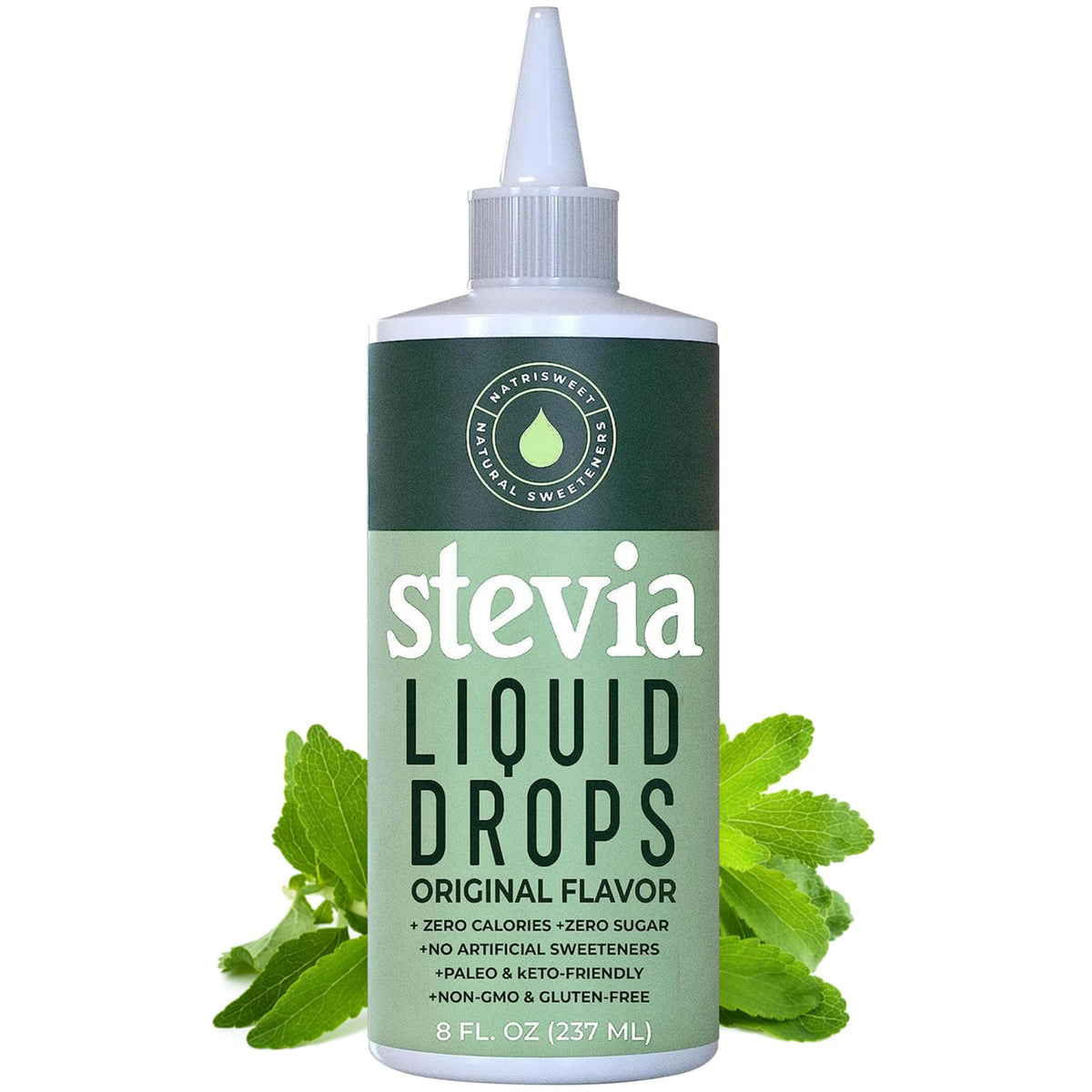 NatriSweet Stevia Liquid Drops bottle ready for zero-calorie sweetness in beverages.