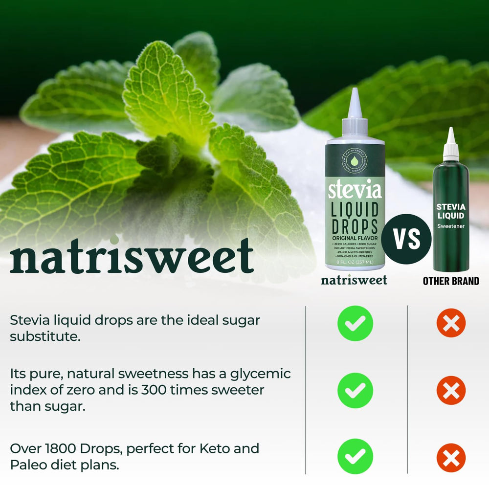 NatriSweet Stevia Liquid Drops label showing pure sweetness.
