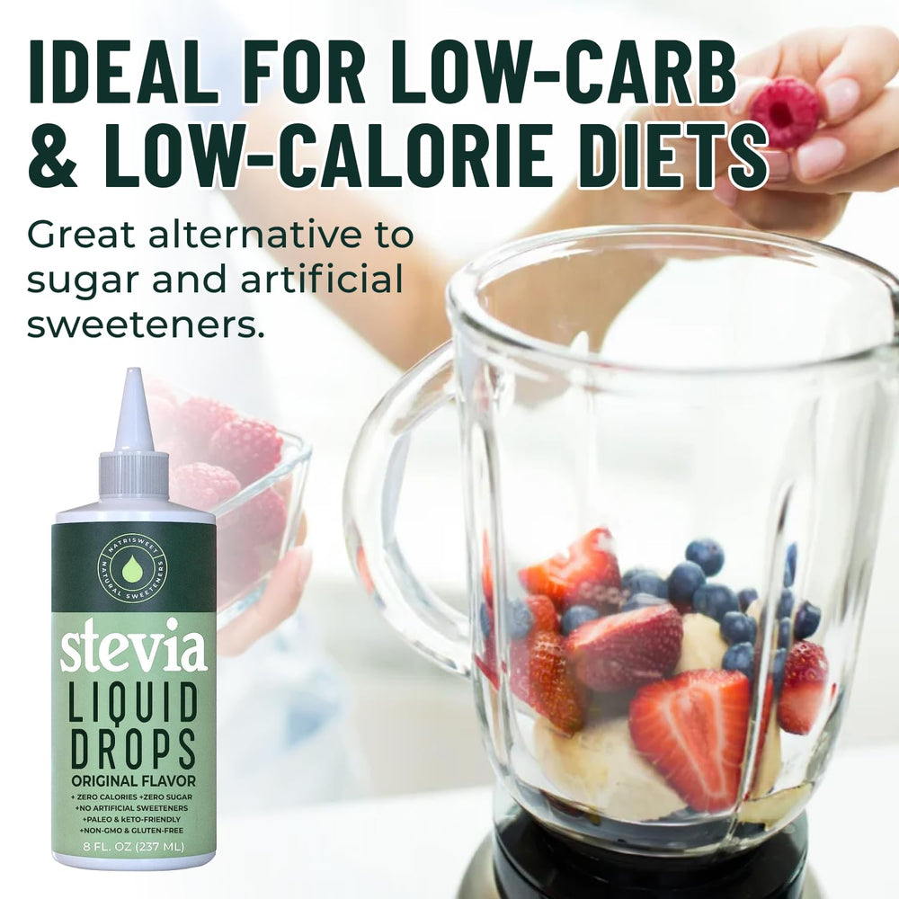 NatriSweet Stevia Liquid Drops packaging on a kitchen counter.
