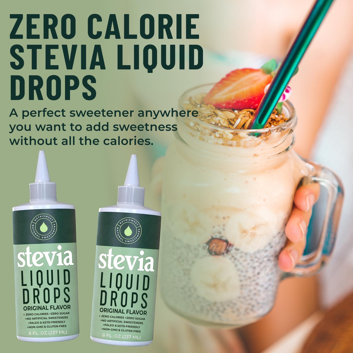 Pouring NatriSweet drops into a beverage to replace sugar.