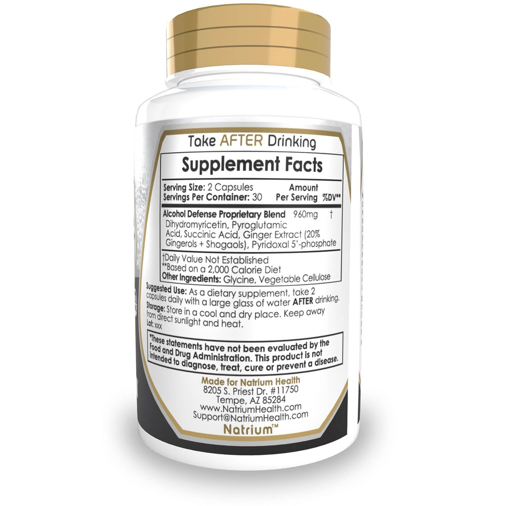 Natrium Health Alcohol Defense capsules close-up, showing the natural formula for metabolism support.