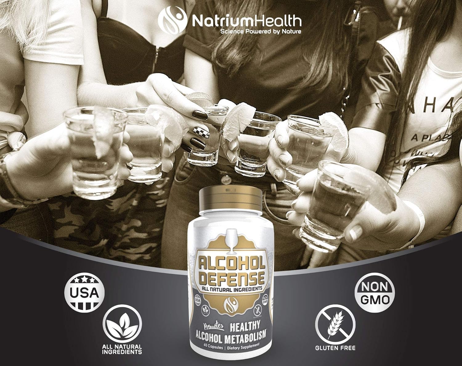 Natrium Health packaging shot shows capsules ready for on-the-go post-drinking support.