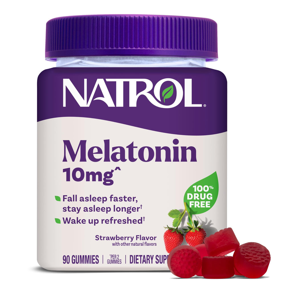 Natrol melatonin gummies 10 mg strawberry bottle for bedtime support.