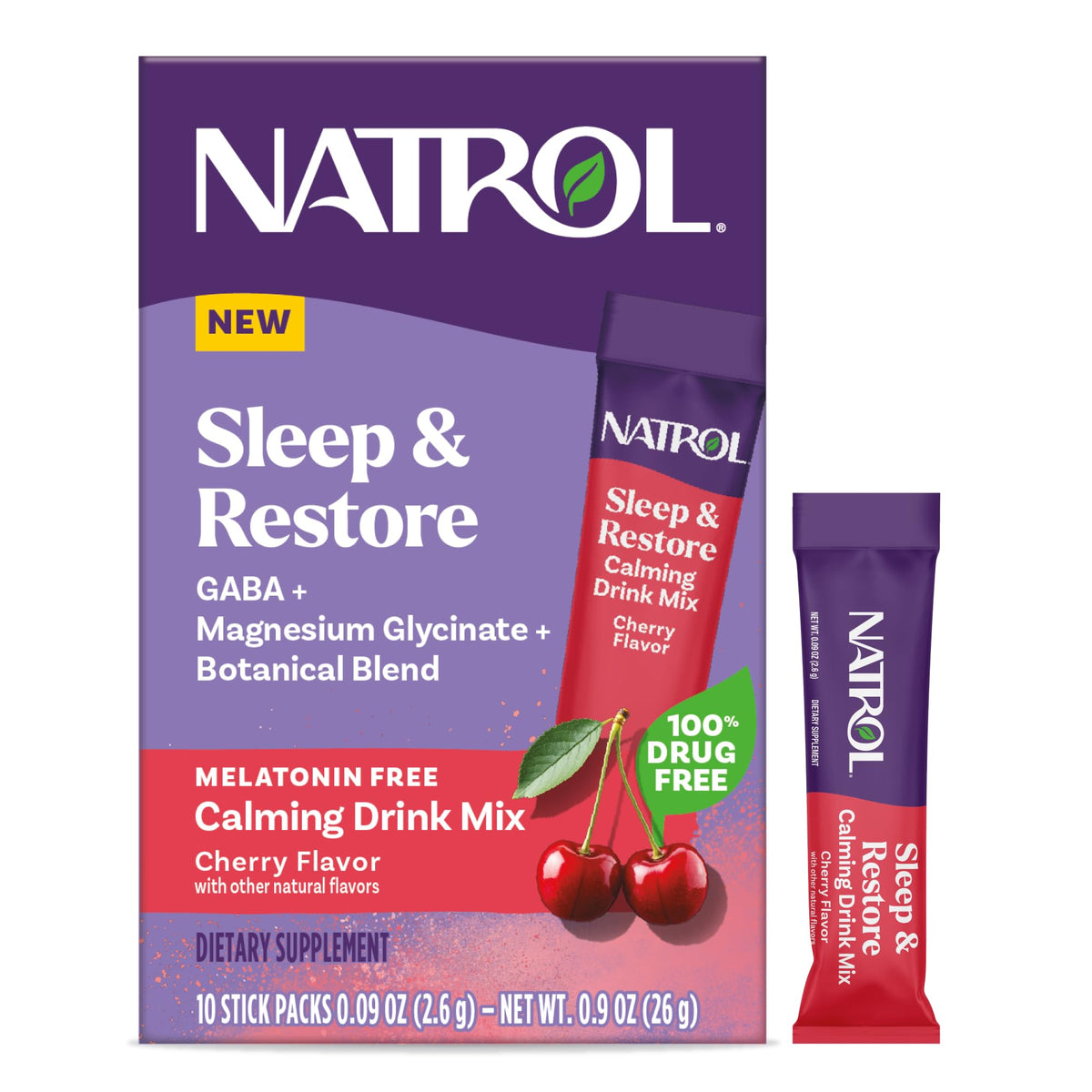 Natrol Sleep and Restore stick packet for a convenient nightly calming routine.