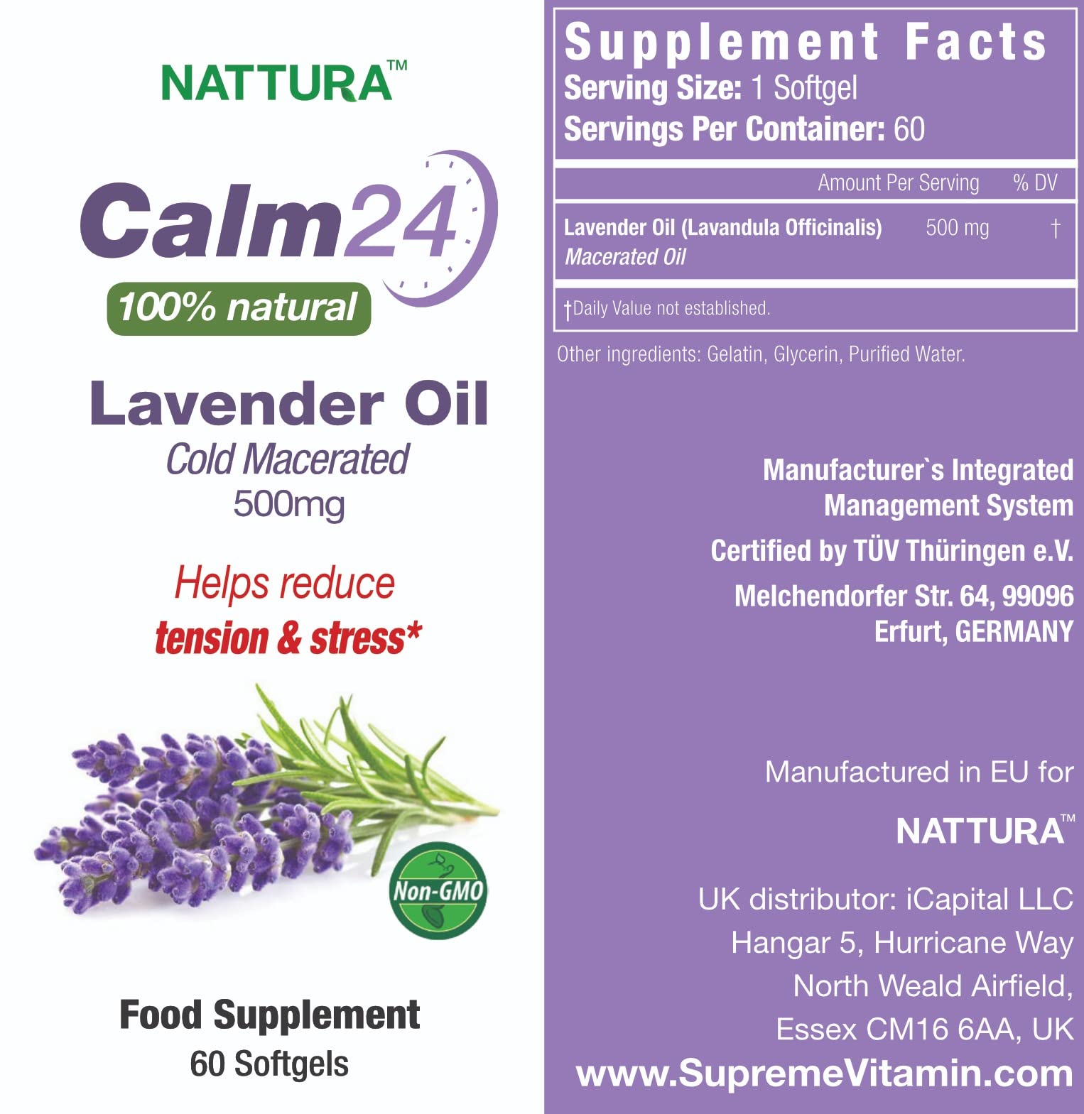Nattura Calm Aid lavender softgel label highlights natural ingredients