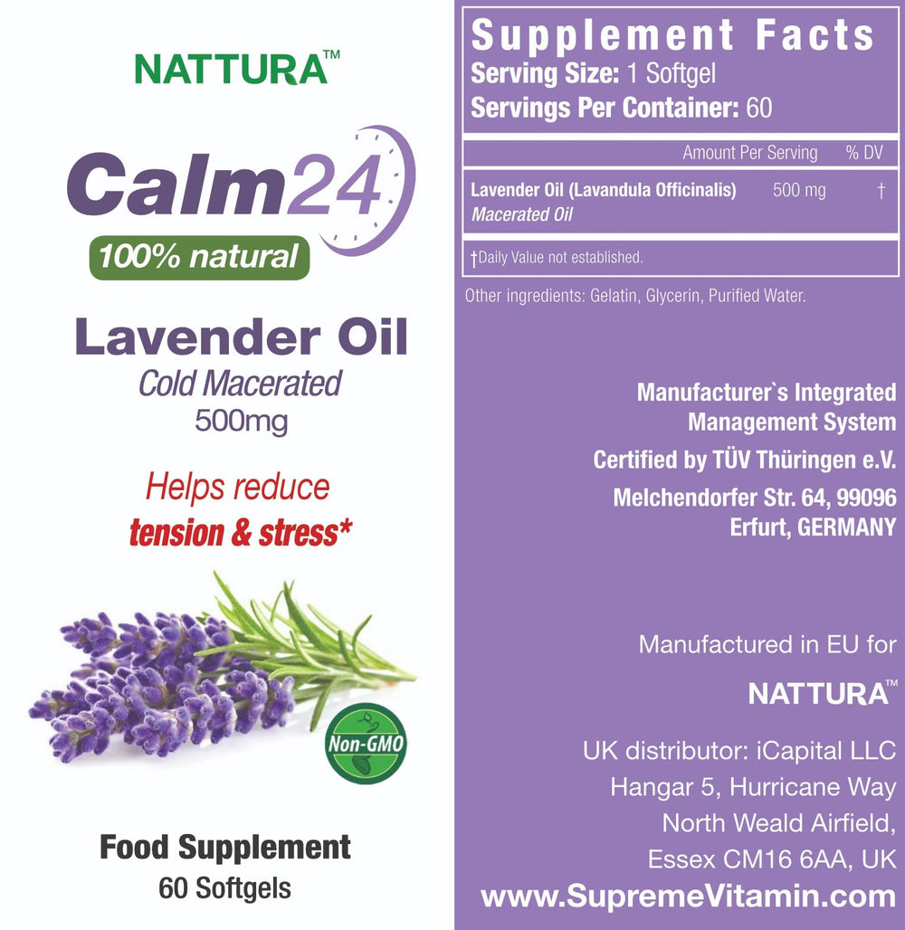 Nattura Calm Aid lavender softgel label highlights natural ingredients