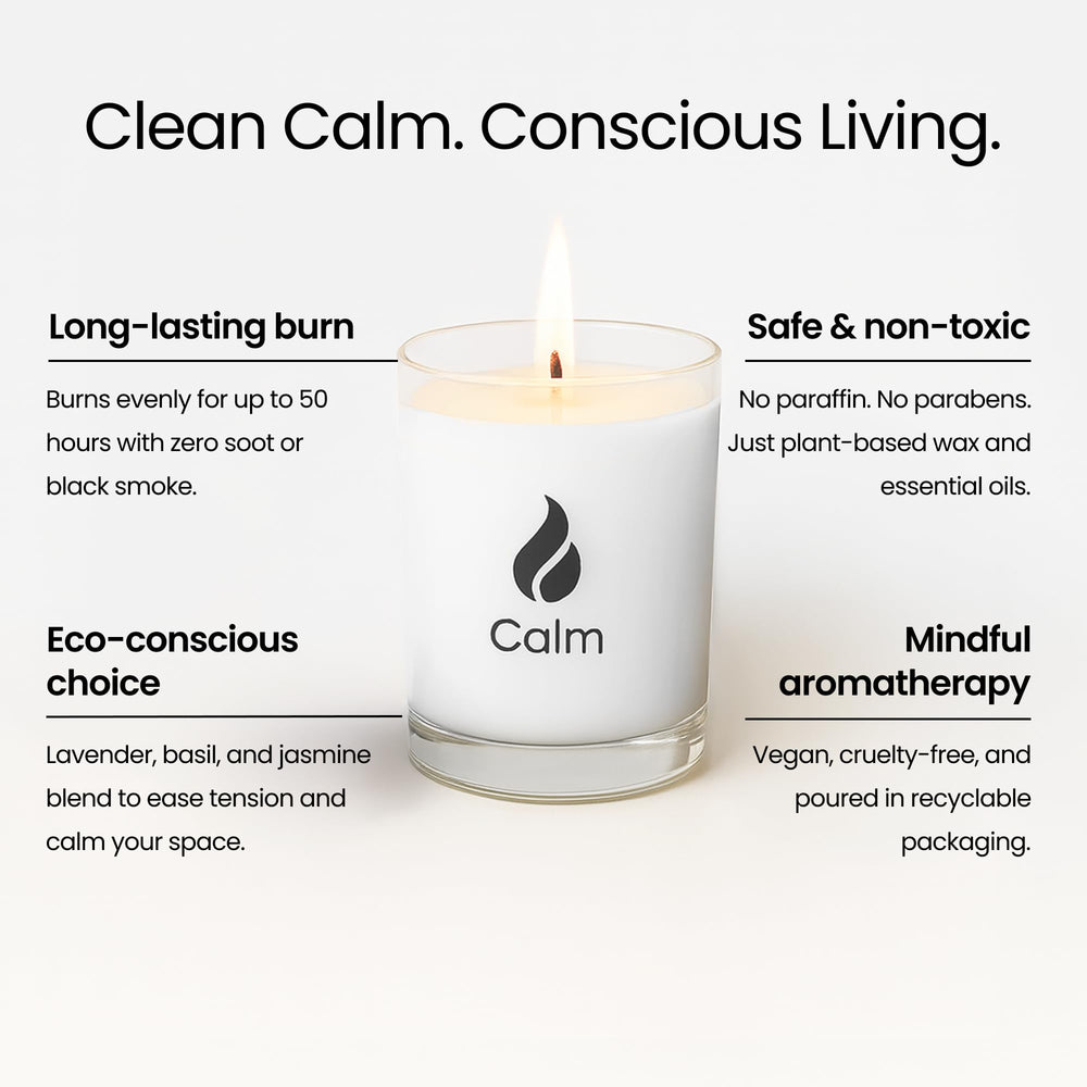 Natur IX calming candle ingredients label showcasing natural soy and essential oils.