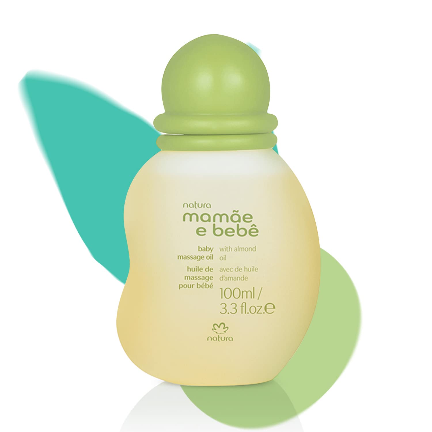 Natura Baby Massage Oil bottle pour demonstrates quick-absorbing hydration for delicate skin.