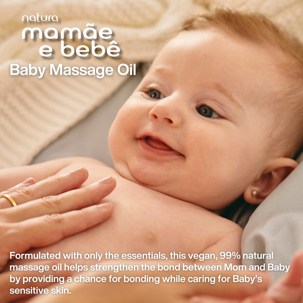 Natura Baby Massage Oil eco-friendly packaging emphasizes vegan, fair-trade ingredients.