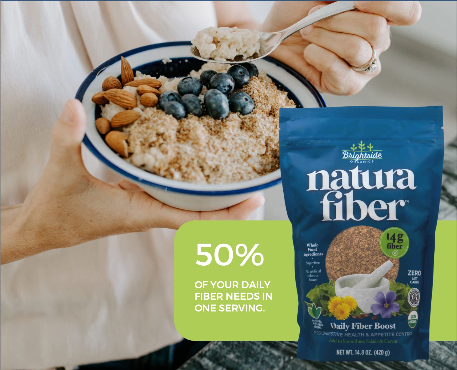Natura Fiber ground flaxseed close-up highlighting organic origin
