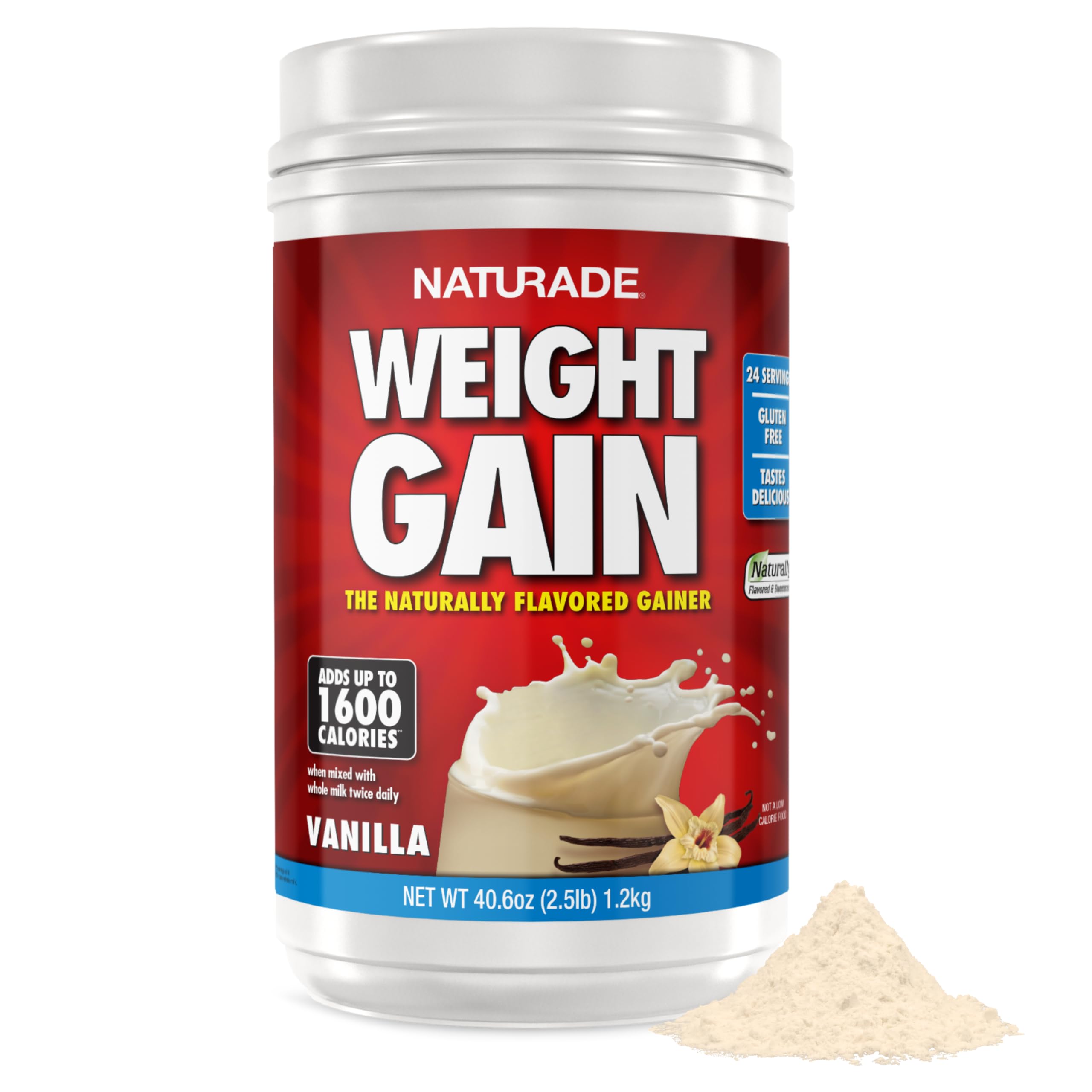 Naturade All-Natural Weight Gain Vanilla bottle front shows premium, calorie-rich shake for daily support