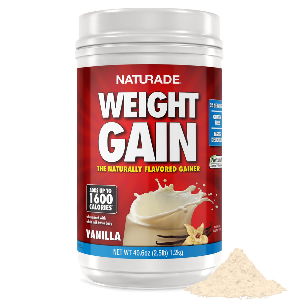 Naturade All-Natural Weight Gain Vanilla bottle front shows premium, calorie-rich shake for daily support