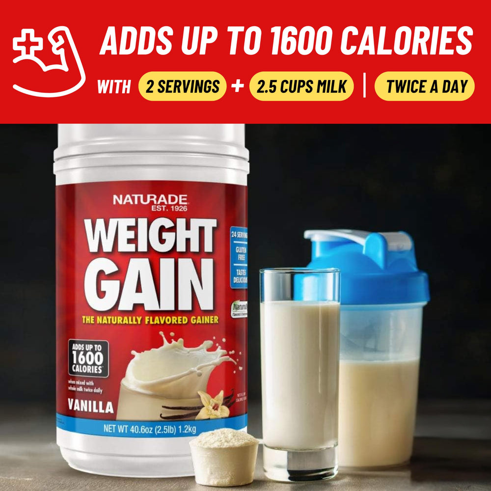 Naturade vanilla weight gain bottle on shelf signals trusted fast calories