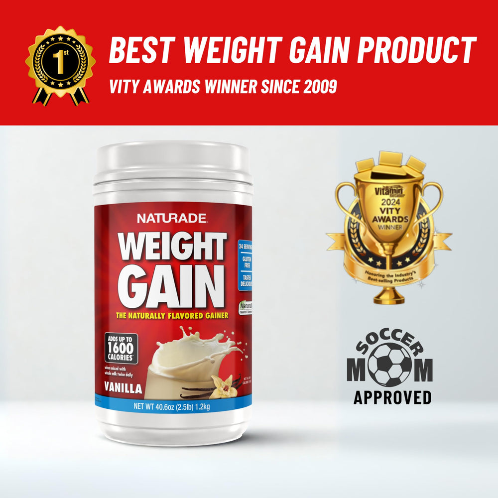 Naturade weight gain vanilla serving scoop suggests convenient daily calorie boost