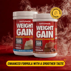 Naturade weight gain vanilla tub label closeup emphasizes nutrition per serving