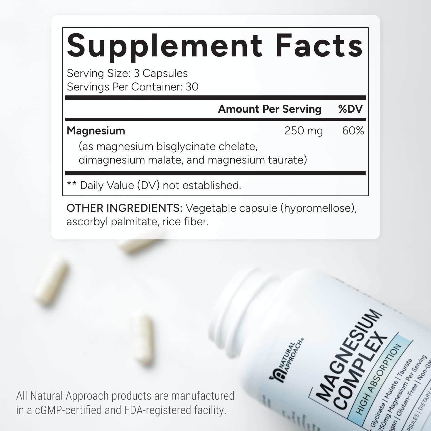 Natural Approach chelated magnesium graphic illustrating glycinate malate taurate
