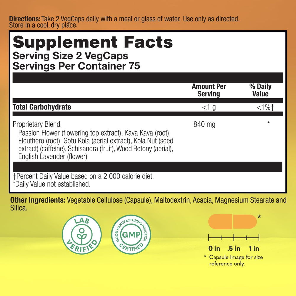 Natural Balance Happy Camper capsules closeup highlights herbal ingredients for balanced mood.