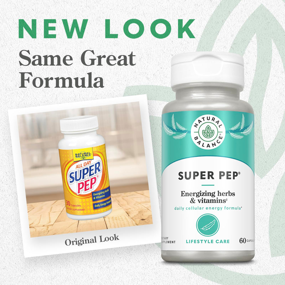 Natural Balance Super Pep capsules close-up, portable energy support for focus and stamina