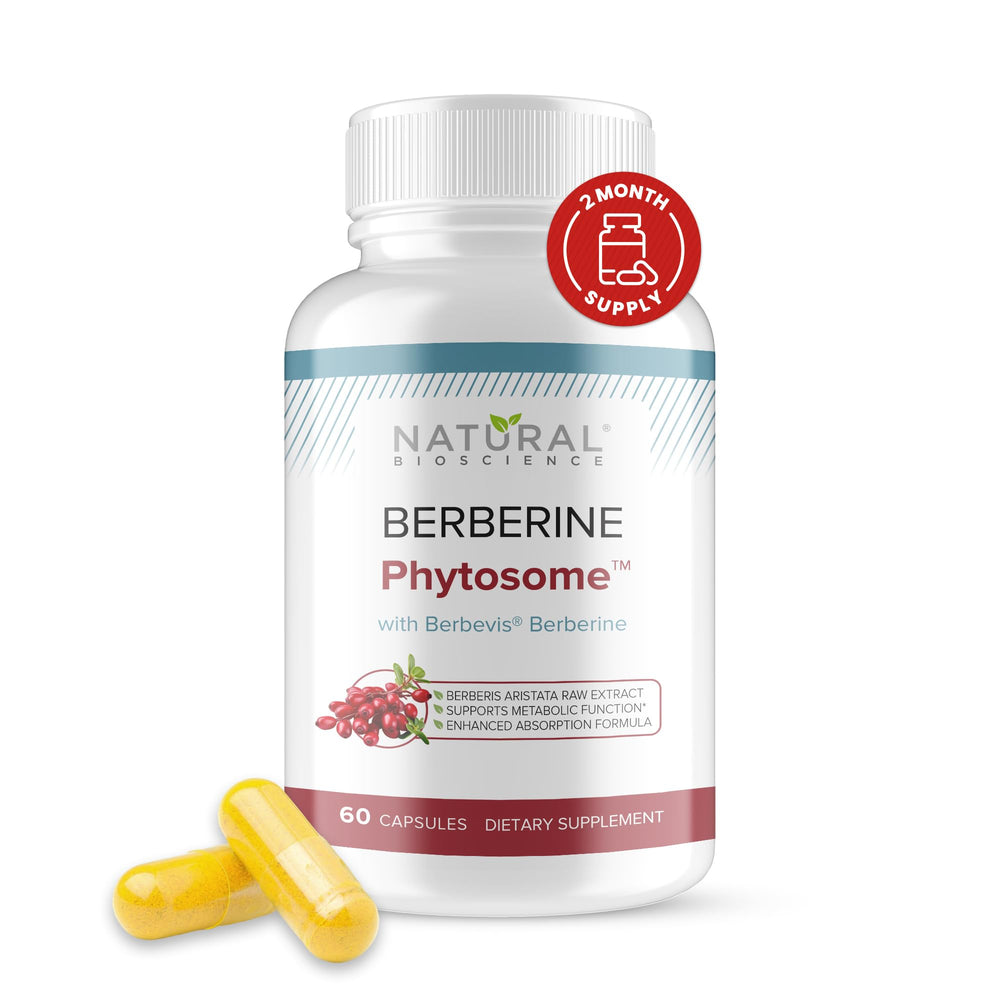 Natural BioScience berberine phytosome bottle highlights enhanced absorption for metabolic support.