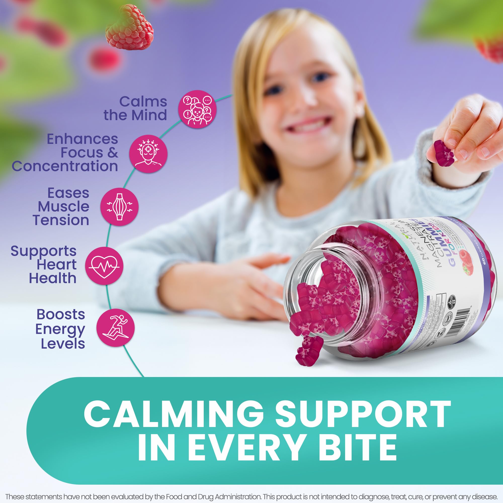 Natural BioScience Calm Kids gummies label closeup highlights magnesium absorption