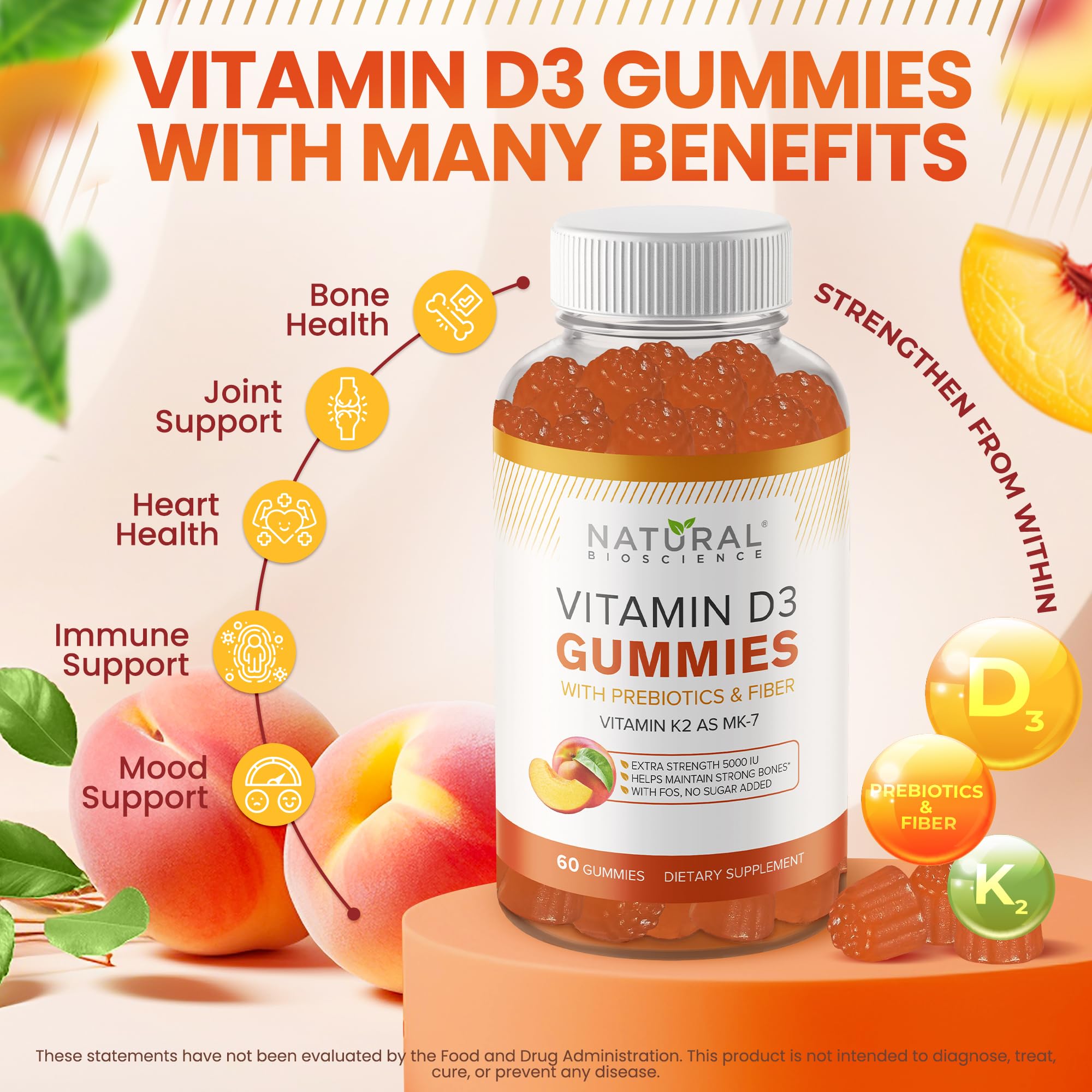 Natural BioScience D3 K2 gummies closeup with peach texture