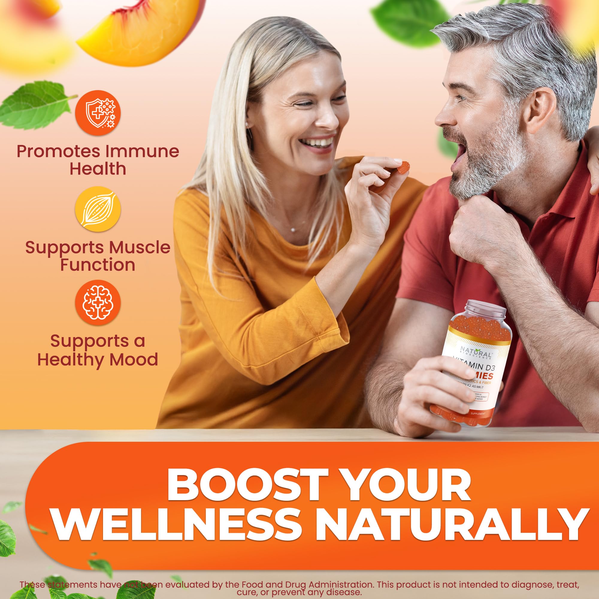 Natural BioScience mood and energy gummies closeup with peach flavor