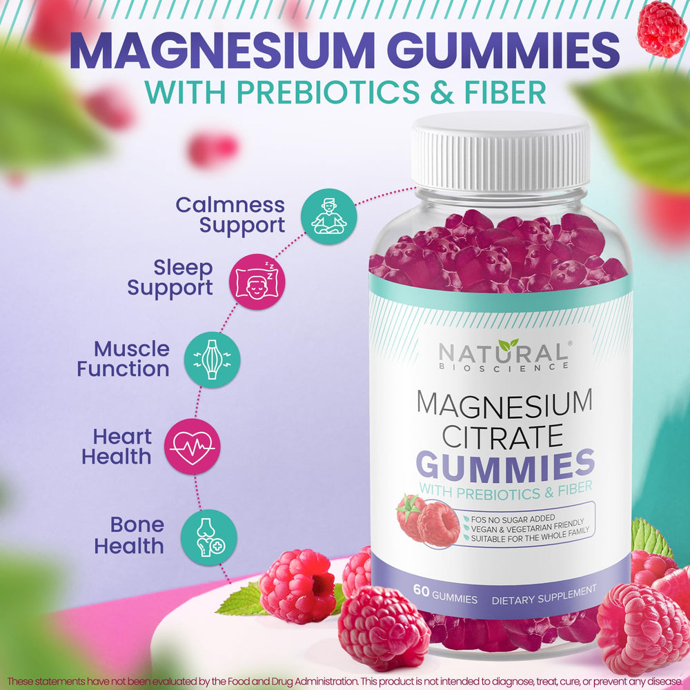 Natural BioScience sugar-free magnesium gummies jar closeup showing vegan, gluten-free ingredients.