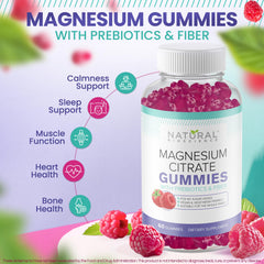 Natural BioScience sugar-free magnesium gummies jar closeup showing vegan, gluten-free ingredients.