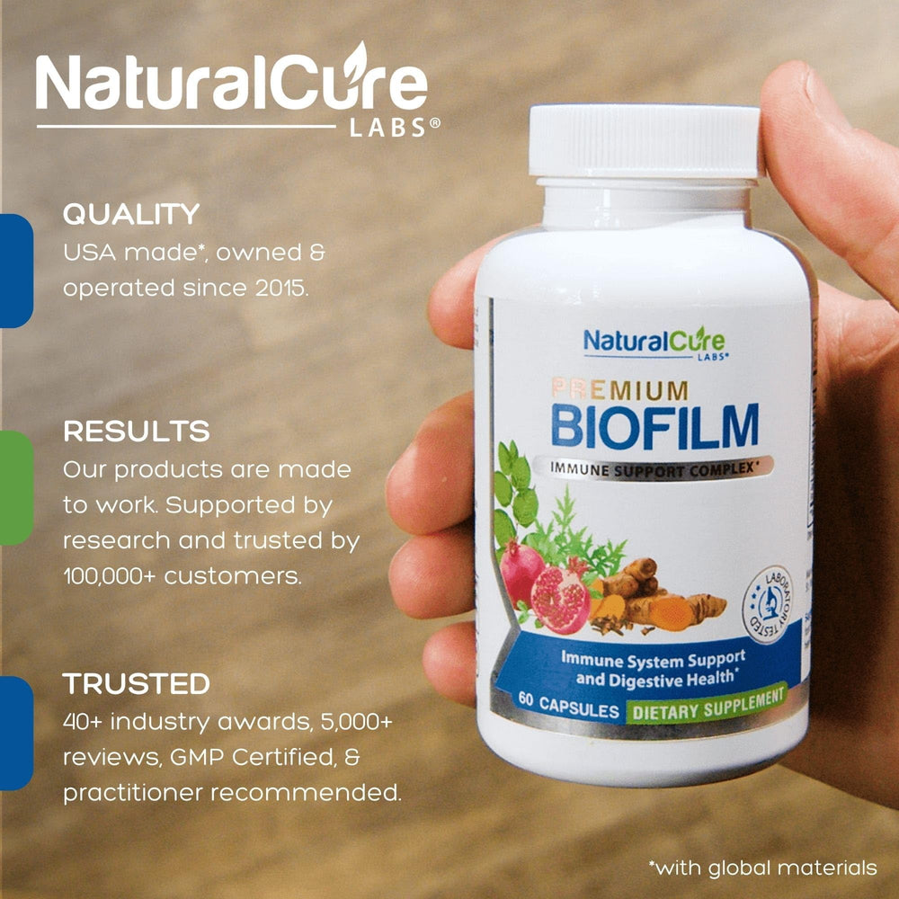 Natural Cure Labs Biofilm Complex capsules close-up illustrating vegan non-GMO formula