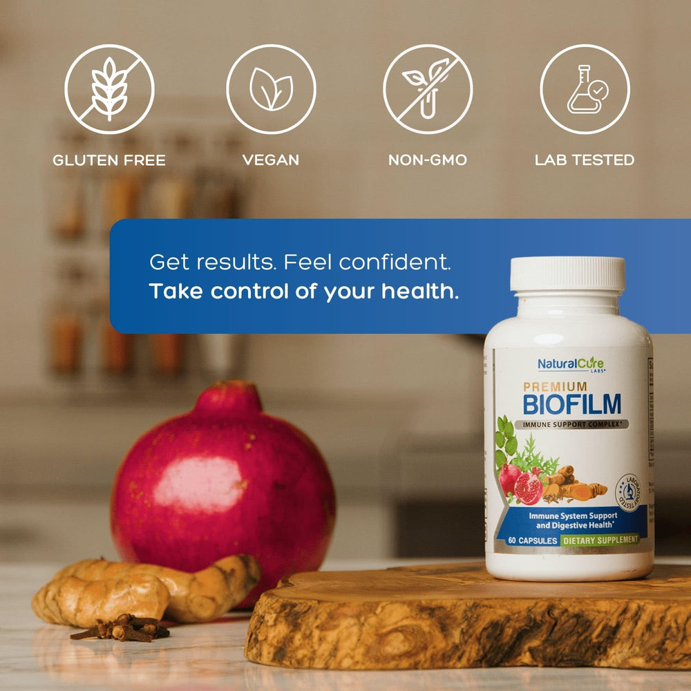 Natural Cure Labs Biofilm Complex packaging highlighting gluten-free attributes