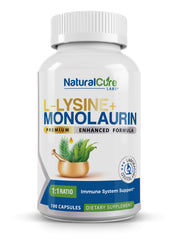 Natural Cure Labs L-Lysine + Monolaurin bottle with 600 mg per serving for daily wellness.