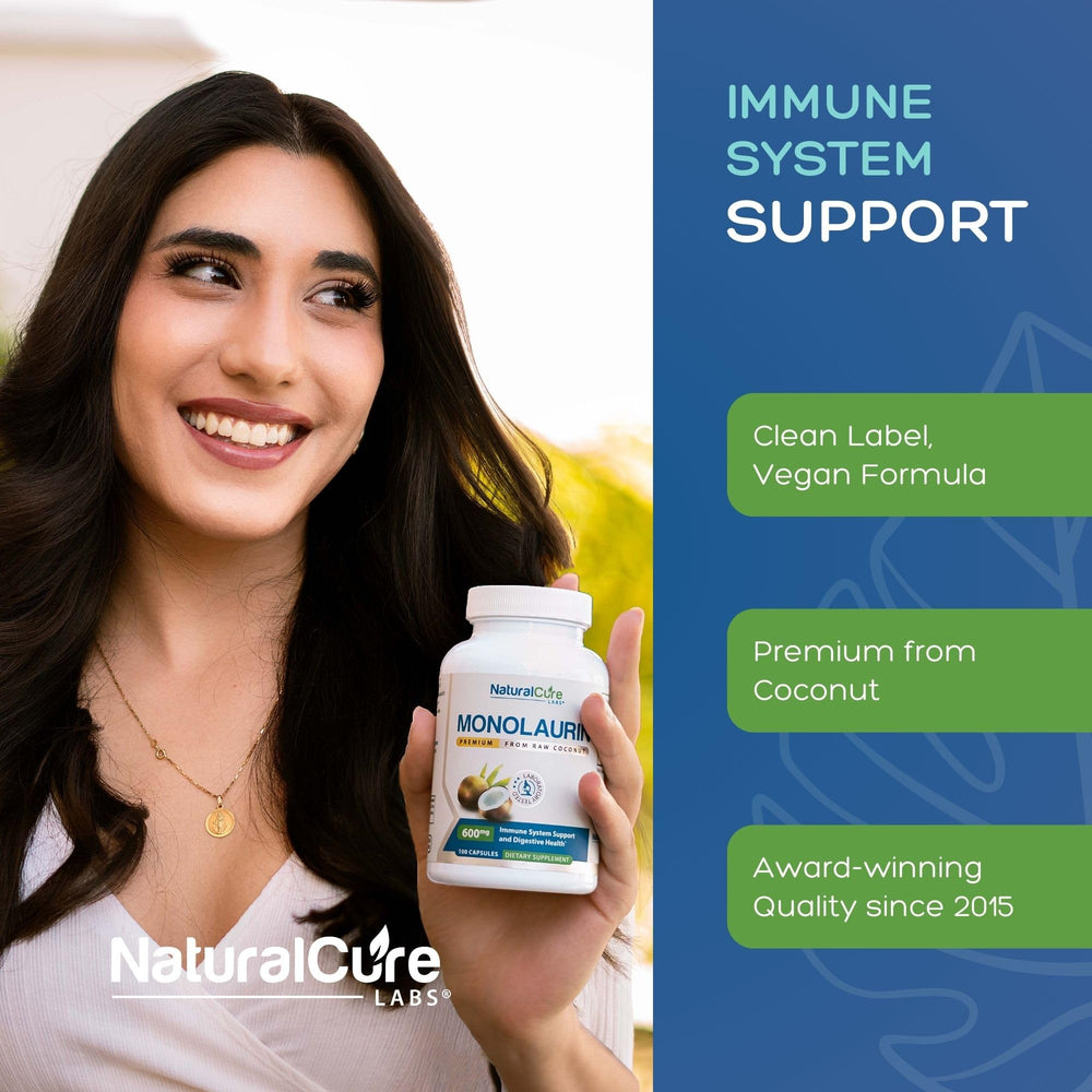 Natural Cure Labs monolaurin packaging box viewed front.