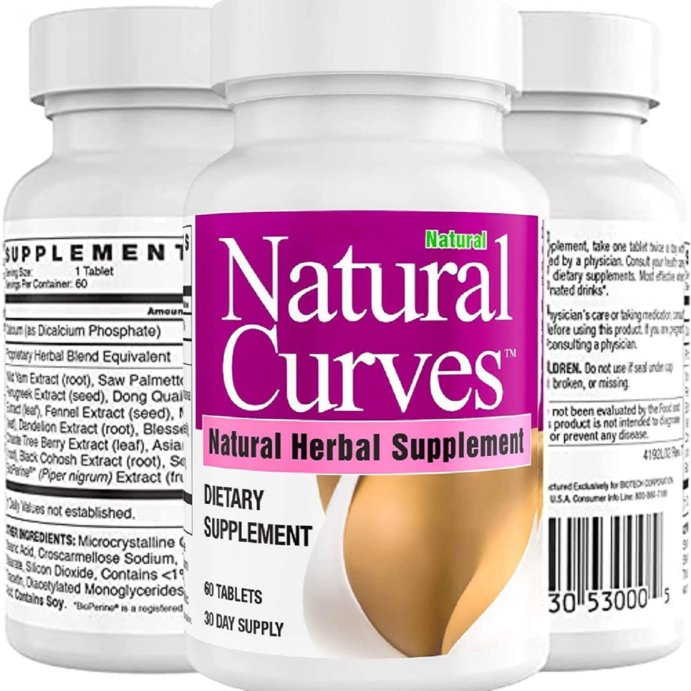 Natural Curves bust enhancer bottle pour showing easy daily dosing for fuller appearance