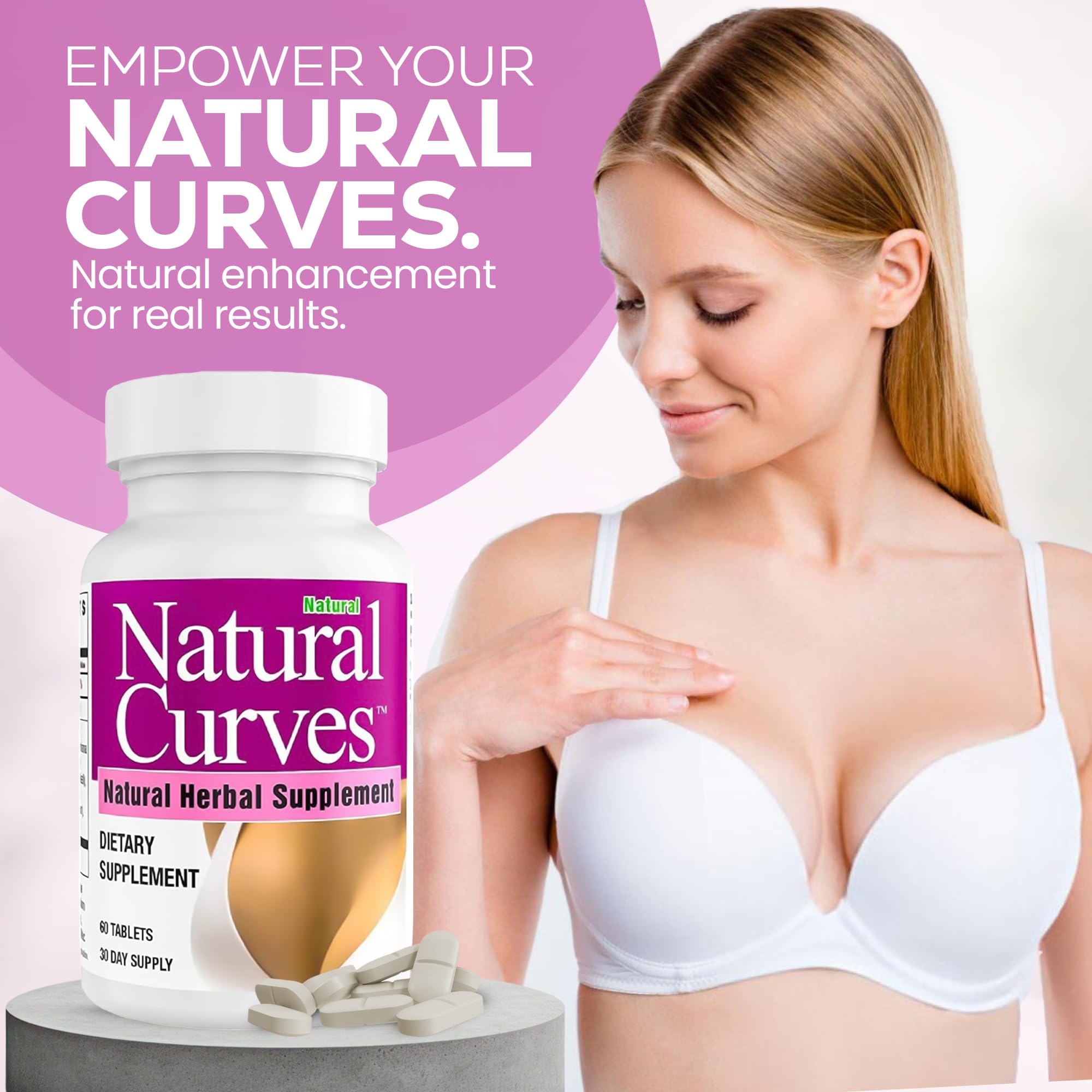 Natural Curves herbal blend illustration emphasizing saw palmetto and fenugreek synergy